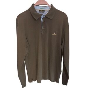 Navy & Green Mens Long Sleeve Organic Cotton Polo Shirt Brown Size XL European